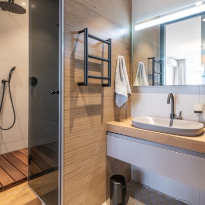 bathroom with wooden details